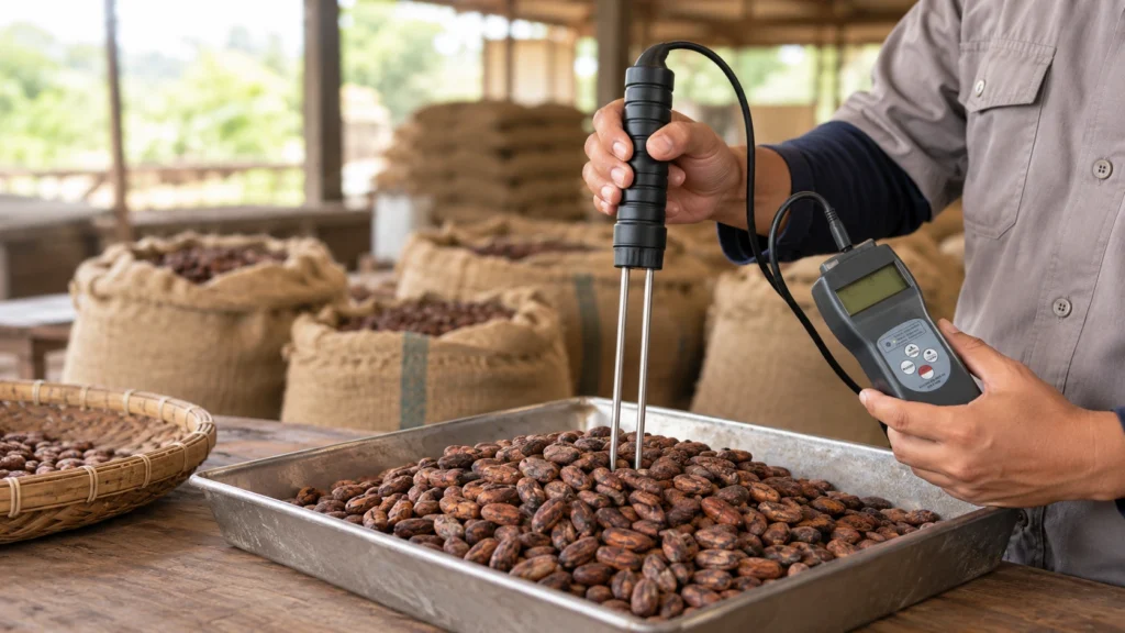 Petugas mengukur kadar air biji kakao kering menggunakan moisture meter digital dengan probe pin untuk pemeriksaan mutu kakao.
