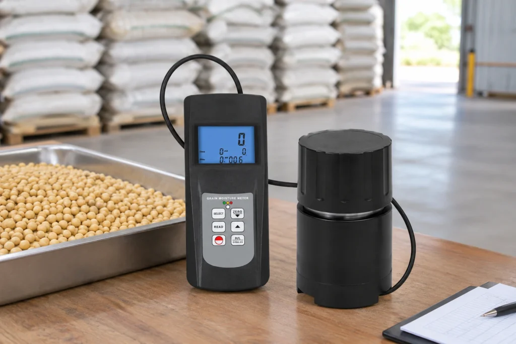 Moisture meter AMTAST MC7828G untuk mengukur kadar air kedelai di lingkungan gudang penyimpanan.