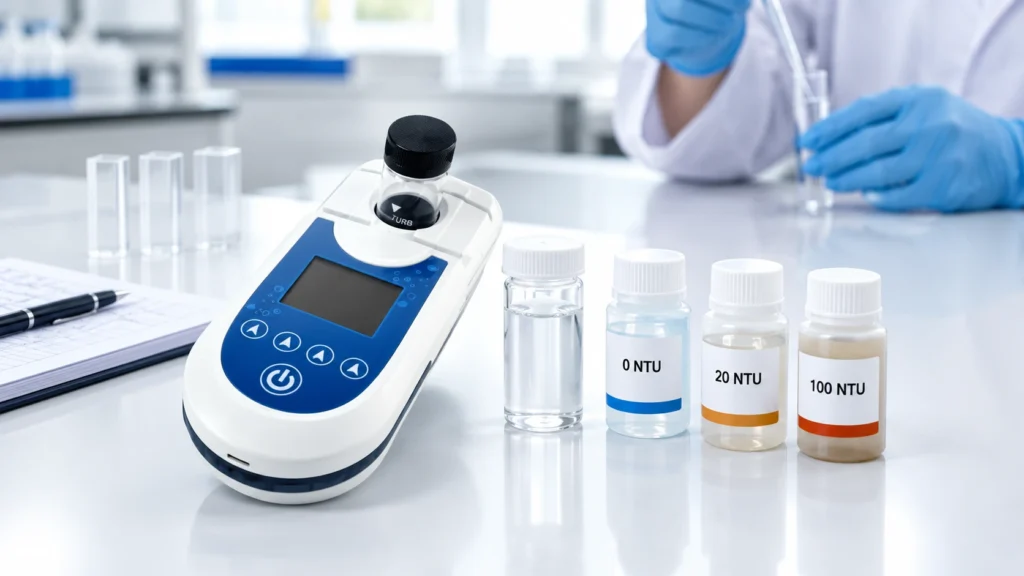 Turbidity meter portabel LOHAND LH-Z10A dengan larutan standar kekeruhan untuk kalibrasi dan pengukuran kualitas air di laboratorium.