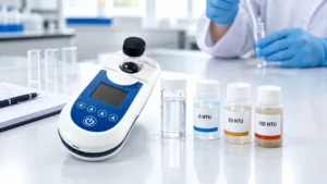 Turbidity meter portabel LOHAND LH-Z10A dengan larutan standar kekeruhan untuk kalibrasi dan pengukuran kualitas air di laboratorium.