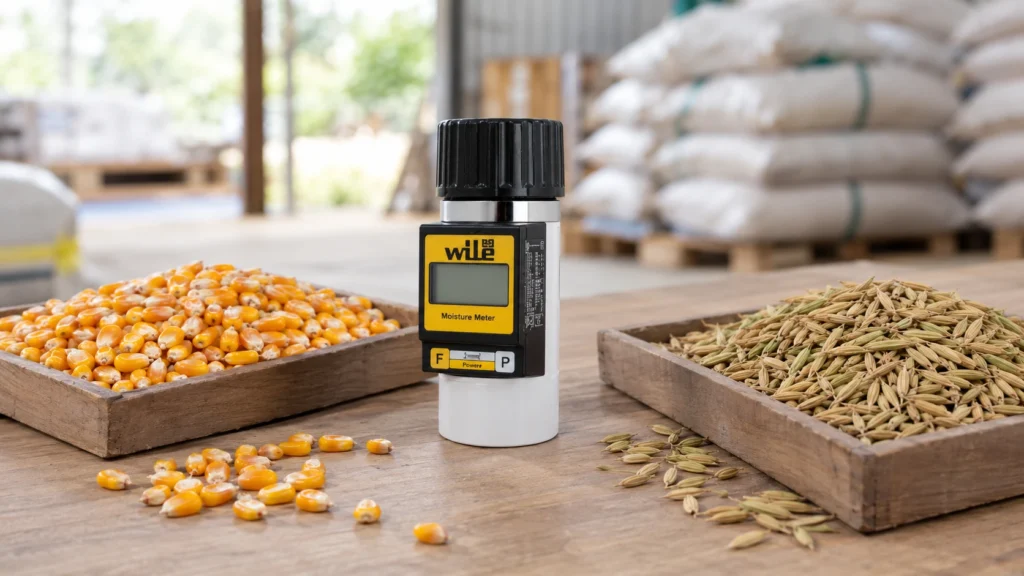 Moisture meter WILE 55 di antara biji jagung dan gabah untuk pengukuran kadar air biji-bijian.