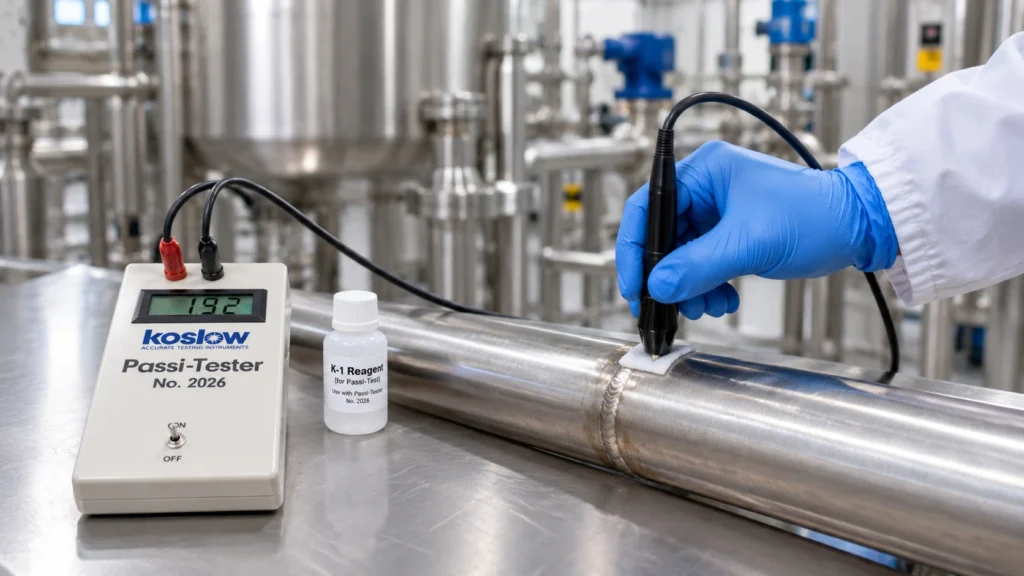 Koslow Passi-Tester No. 2026 digunakan untuk menguji kondisi pasivasi pada sambungan las pipa stainless steel di lingkungan industri.