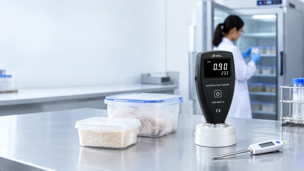 Water activity meter PCE-WAM 10 untuk mengukur aktivitas air (aw) pada sampel pangan di laboratorium.