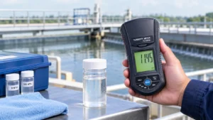 Pengukuran kekeruhan air proses menggunakan turbidity meter LUTRON TU-2016 di instalasi pengolahan air.