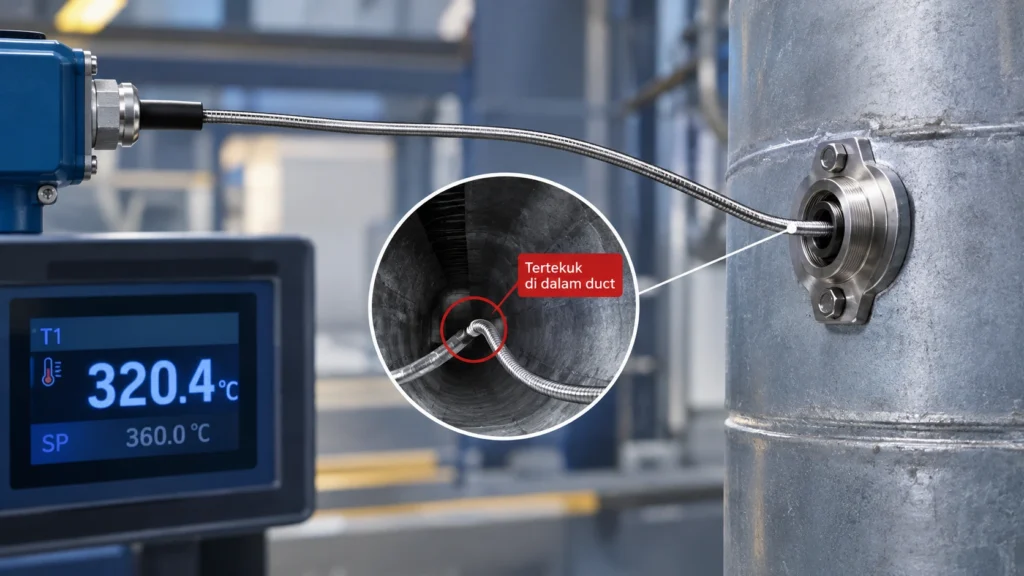 Sensor suhu fleksibel tertekuk di dalam duct pada sistem pengukuran suhu industri