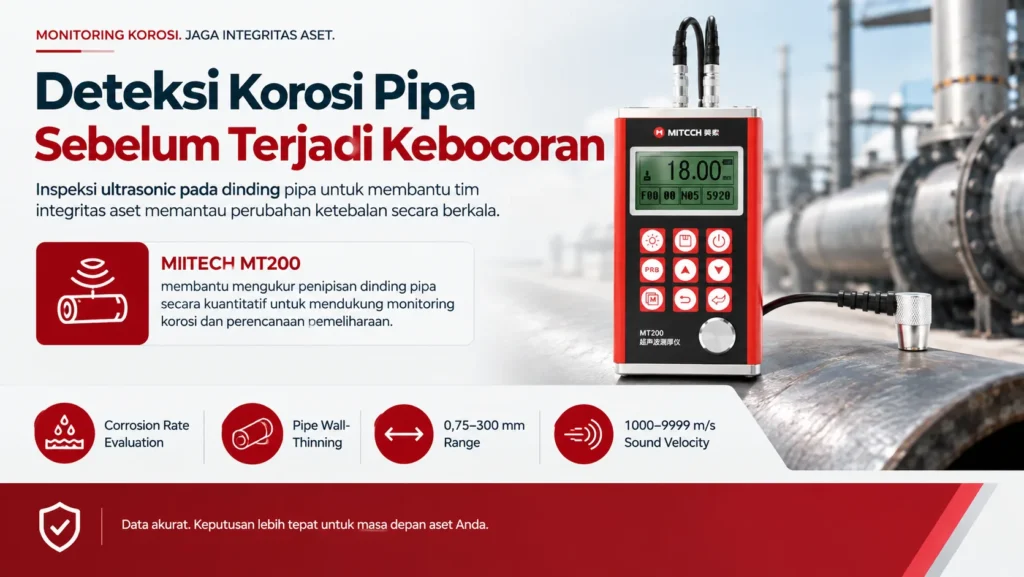 DETEKSI KOROSI PIPA SEBELUM TERJADI KEBOCORAN dengan MITECH MT200 membantu mengukur penipisan dinding pipa secara kuantitatif untuk mendukung monitoring korosi dan perencanaan pemeliharaan.