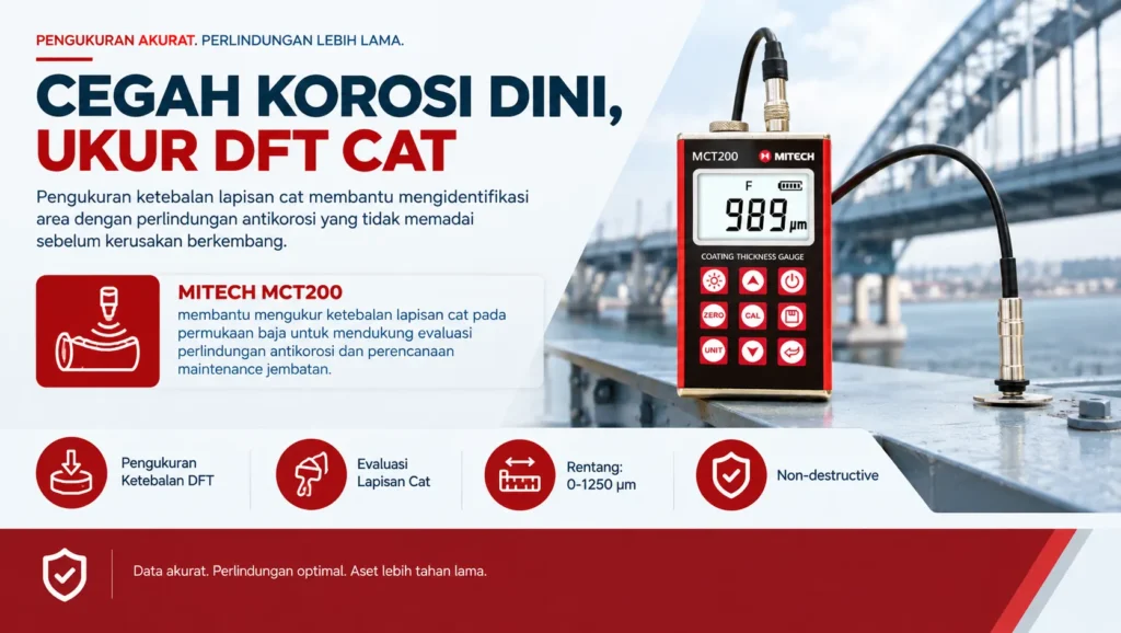 Alat ukur ketebalan lapisan MITECH MCT200 membantu mengukur ketebalan lapisan cat pada permukaan baja untuk mendukung evaluasi perlindungan antikorosi dan perencanaan maintenance jembatan.