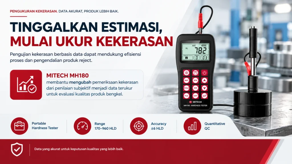 Uji Kekerasan Material di Bengkel dengan Alat Portable MITECH MH180 membantu mengubah pemeriksaan kekerasan dari penilaian subjektif menjadi data terukur untuk evaluasi kualitas produk bengkel.