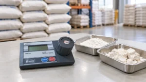 Moisture Meter GMK-308 G-WON untuk mengukur kadar air tepung dengan sampel tepung halus dan tepung yang menggumpal di gudang.