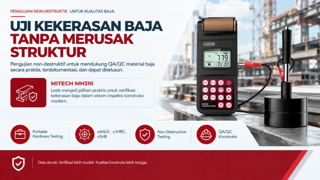 Uji kekerasan non-destruktif pada struktur baja dengan Mitech MH310 mendukung QA/QC material baja secara praktis, terdokumentasi, dan dapat ditelusuri.