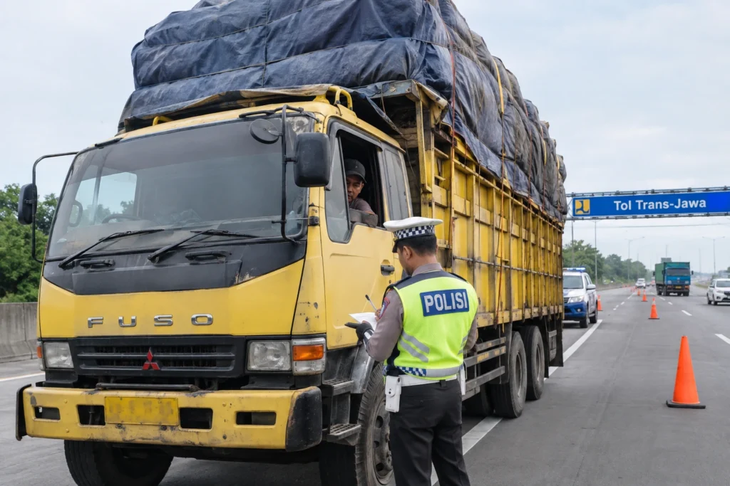 Truk ODOL sedang diperiksa dan ditilang polisi di Tol Trans-Jawa