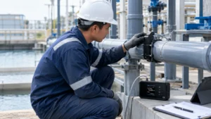 Teknisi memeriksa flow meter ultrasonik pada pipa air industri untuk memantau aliran dan mendokumentasikan hasil pengukuran.