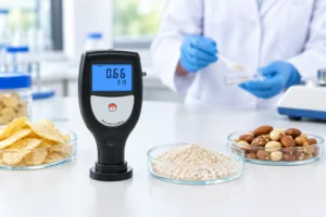 Water activity meter untuk mengukur aktivitas air (aw) pada sampel pangan kering di laboratorium.