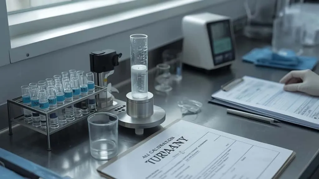 Turbidity meter calibration in a water quality lab, gloved hand adjusting control beside formazin standards and a calibration log.