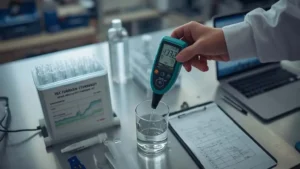 Handheld turbidity meter testing irrigation water in a beaker, surrounded by calibration standards—a complete water quality testing setup.