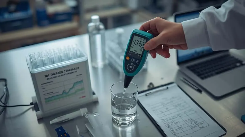Handheld turbidity meter testing irrigation water in a beaker, surrounded by calibration standards—a complete water quality testing setup.