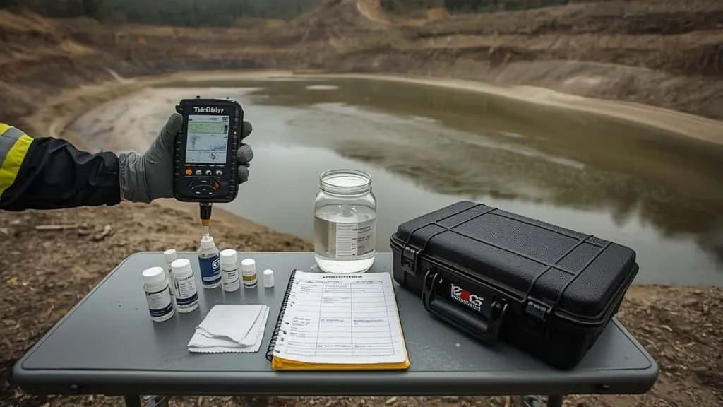 Portable turbidity meter testing mining wastewater at a settling pond, illustrating turbidity meter limbah tambang water quality monitoring.
