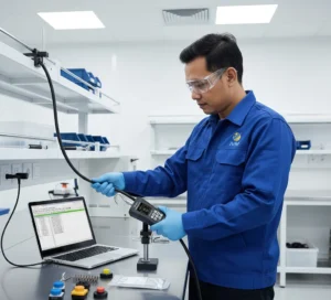 Teknisi QC Indonesia menggunakan Dynamometer PCE-DFG 500 X untuk mengukur gaya tarik dan tekan pada sampel komponen di laboratorium industri.