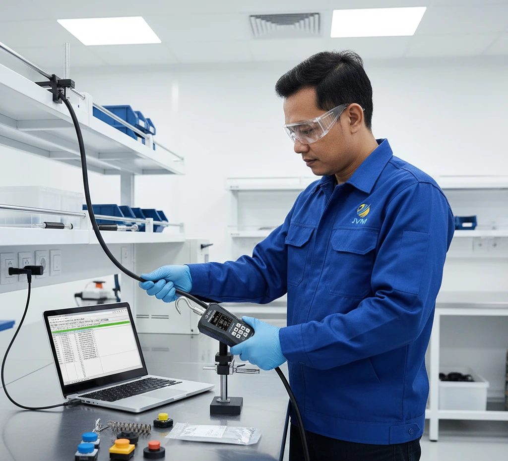 Teknisi QC Indonesia menggunakan Dynamometer PCE-DFG 500 X untuk mengukur gaya tarik dan tekan pada sampel komponen di laboratorium industri.