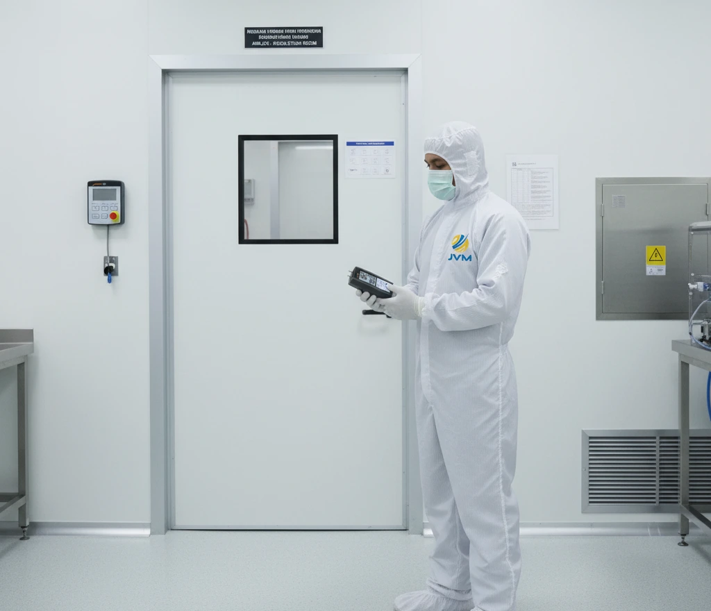 Teknisi cleanroom Indonesia menggunakan PCE-PDA 01L untuk mengukur tekanan diferensial di pintu ruang produksi farmasi dengan pakaian pelindung lengkap.