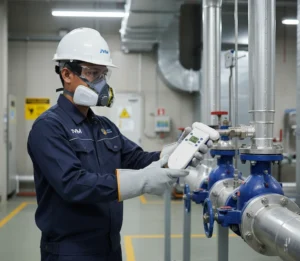 Seorang teknisi Indonesia memakai APD lengkap menggunakan detektor gas portabel AQ-300 dengan sensor head untuk mengecek kemungkinan kebocoran gas klorin di sambungan pipa dan valve area utilitas pabrik pulp dan kertas.