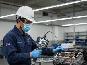 Foto menampilkan teknisi Indonesia dengan APD lengkap sedang menggunakan videoscope PCE-VE 800N4 untuk inspeksi internal mesin melalui lubang servis sempit