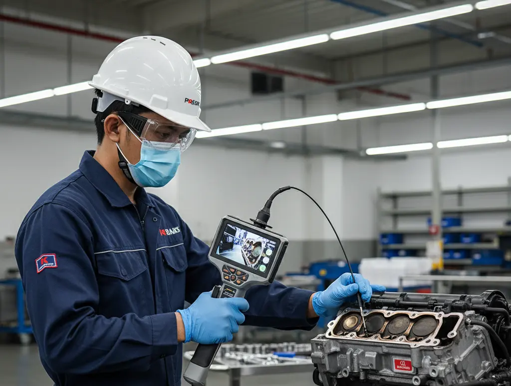 Foto menampilkan teknisi Indonesia dengan APD lengkap sedang menggunakan videoscope PCE-VE 800N4 untuk inspeksi internal mesin melalui lubang servis sempit