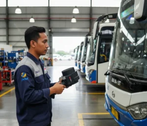 Teknisi Indonesia menguji gaya tutup pintu bus rapid transit menggunakan closing force transducer BIA-1 BT dengan tablet yang menampilkan grafik pengukuran di workshop depo.
