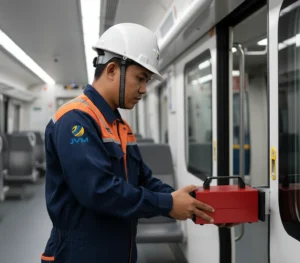 Teknisi Indonesia menggunakan alat BIA 600 untuk mengukur gaya tutup pintu kereta di area depo perawatan dengan layar digital menampilkan nilai Newton.