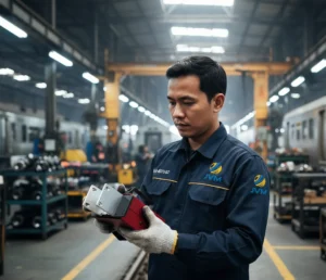 Teknisi Indonesia melakukan pengujian gaya tutup pintu kereta menggunakan alat BIA-600 BT yang ditempatkan di antara daun pintu, sambil memantau grafik gaya pada tablet Android di depo perawatan.