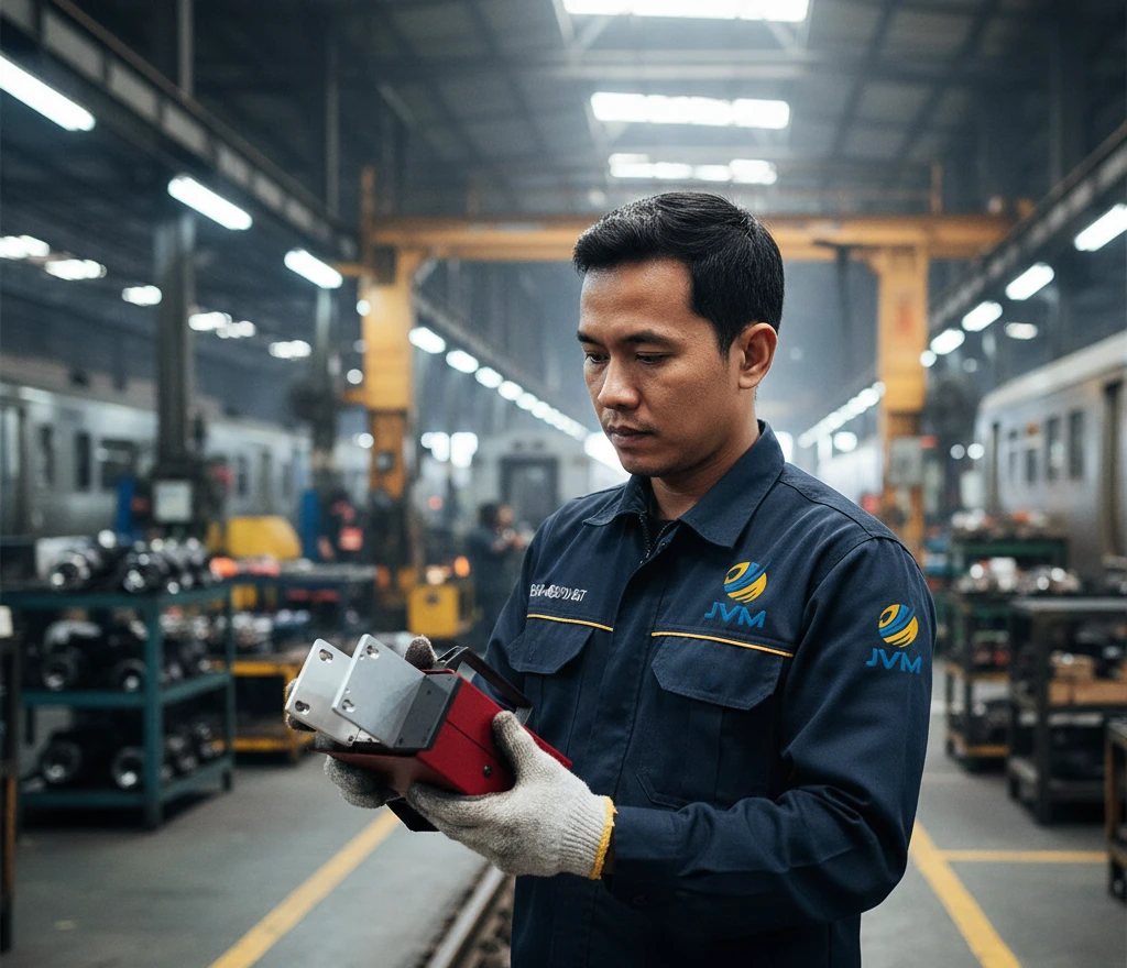 Teknisi Indonesia melakukan pengujian gaya tutup pintu kereta menggunakan alat BIA-600 BT yang ditempatkan di antara daun pintu, sambil memantau grafik gaya pada tablet Android di depo perawatan.