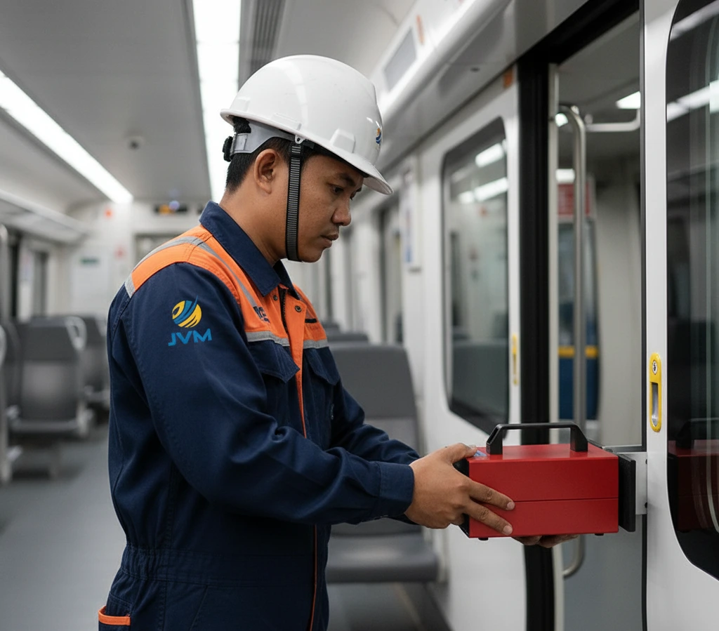 Teknisi Indonesia menggunakan alat BIA 600 untuk mengukur gaya tutup pintu kereta di area depo perawatan dengan layar digital menampilkan nilai Newton.
