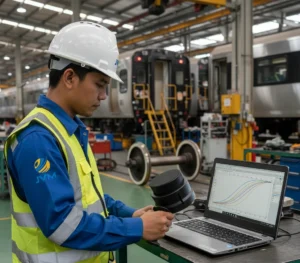 Teknisi Indonesia mengukur gaya tutup pintu kereta menggunakan Original BIA Class 1 di depo perawatan dengan laptop menampilkan grafik hasil pengujian.