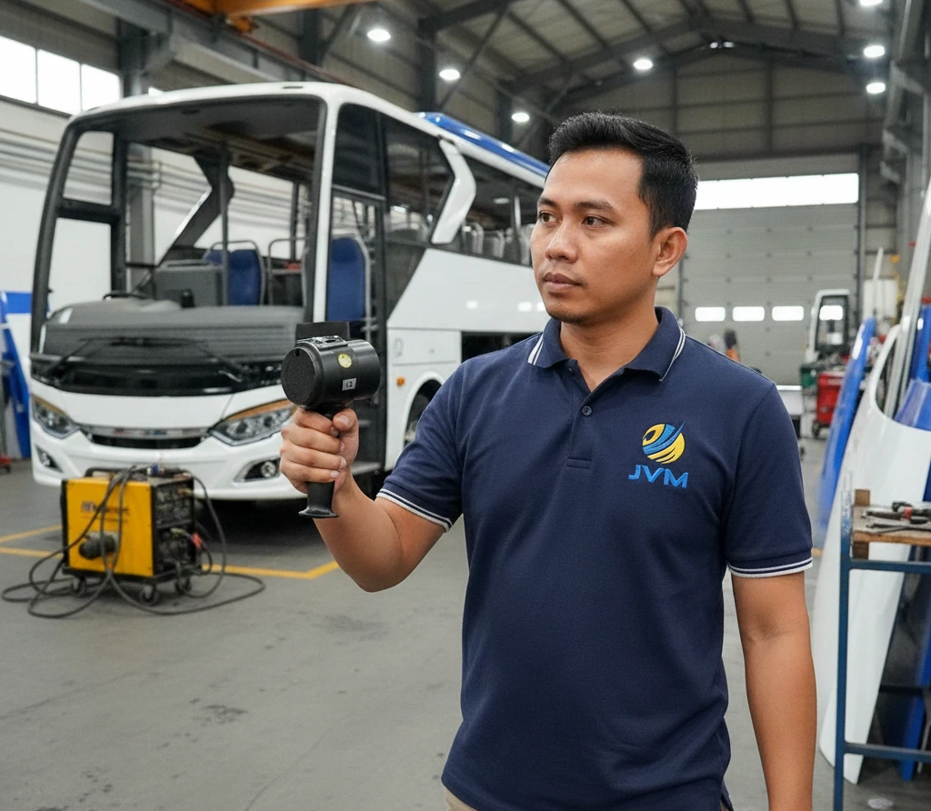 Teknisi Indonesia mengukur gaya jepit pintu bus otomatis menggunakan alat BIA Class 2 di bengkel karoseri dengan posisi alat di antara dua daun pintu.
