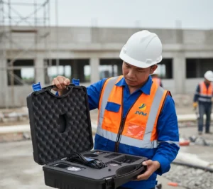 Teknisi HVAC Indonesia menggunakan BTU meter clamp-on PCE-TDS 200+ S pada pipa chilled water, dengan transduser ultrasonik terpasang di luar pipa dan dua sensor temperatur pada jalur supply dan return.