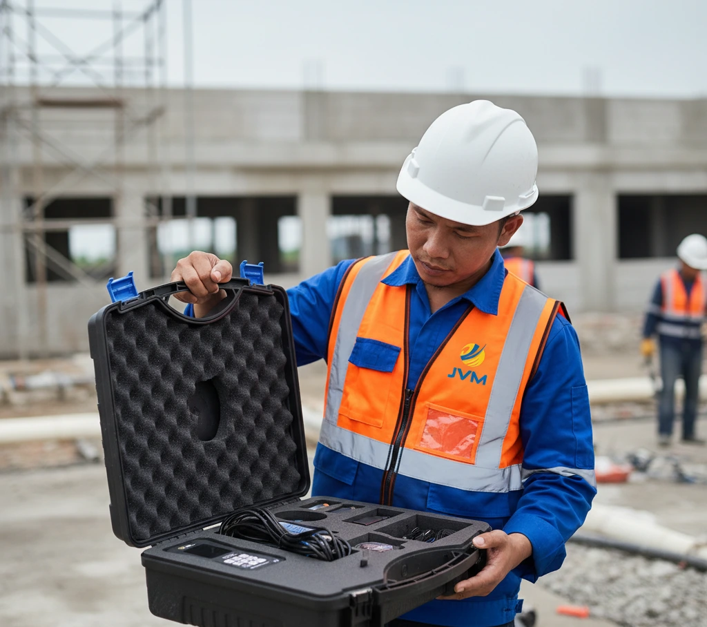Teknisi HVAC Indonesia menggunakan BTU meter clamp-on PCE-TDS 200+ S pada pipa chilled water, dengan transduser ultrasonik terpasang di luar pipa dan dua sensor temperatur pada jalur supply dan return.