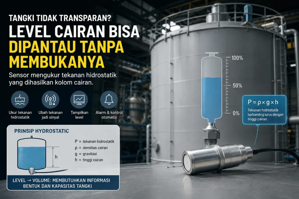 Ilustrasi sensor level hidrostatik pada tangki industri tertutup untuk mengukur ketinggian cairan tanpa membuka tangki, menggunakan prinsip tekanan hidrostatik dan output sinyal 4–20 mA ke sistem PLC.