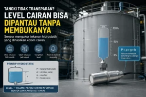 Ilustrasi sensor level hidrostatik pada tangki industri tertutup untuk mengukur ketinggian cairan tanpa membuka tangki, menggunakan prinsip tekanan hidrostatik dan output sinyal 4–20 mA ke sistem PLC.