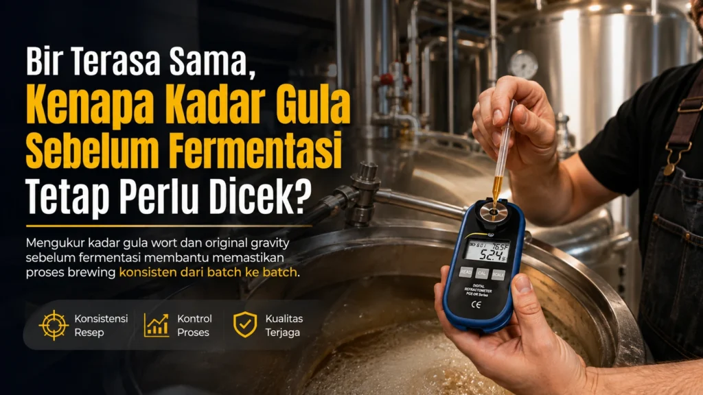 Pengukuran kadar gula wort sebelum fermentasi bir menggunakan refraktometer digital di area produksi brewery untuk memastikan original gravity dan konsistensi proses brewing.