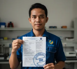 Sertifikat kalibrasi ISO CAL-PCE-PA dari PCE Instruments dengan stempel resmi dan data pengukuran.
