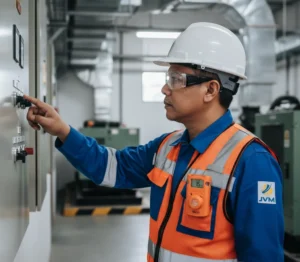 Foto teknisi Indonesia memakai rompi keselamatan dengan perangkat clip-on gas monitor “Clip SGD CO” terpasang di saku dada, layar LCD menunjukkan pembacaan CO saat inspeksi area utilitas gedung.