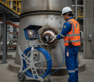 Foto menampilkan teknisi maintenance boiler Indonesia dengan APD lengkap sedang mengoperasikan sistem kamera inspeksi PCE-PIC 120 pada access port duct/cerobong. Trolley kamera berada di lantai, layar monitor memperlihatkan kondisi internal jalur gas buang dengan deposit jelaga, sementara kabel dorong masuk ke dalam duct untuk inspeksi visual dan dokumentasi temuan di area industri.