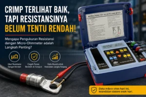 Feature image micro-ohmmeter PCE-MO 2010 untuk mengukur resistansi rendah pada sambungan kabel crimp menggunakan metode 4-wire Kelvin.