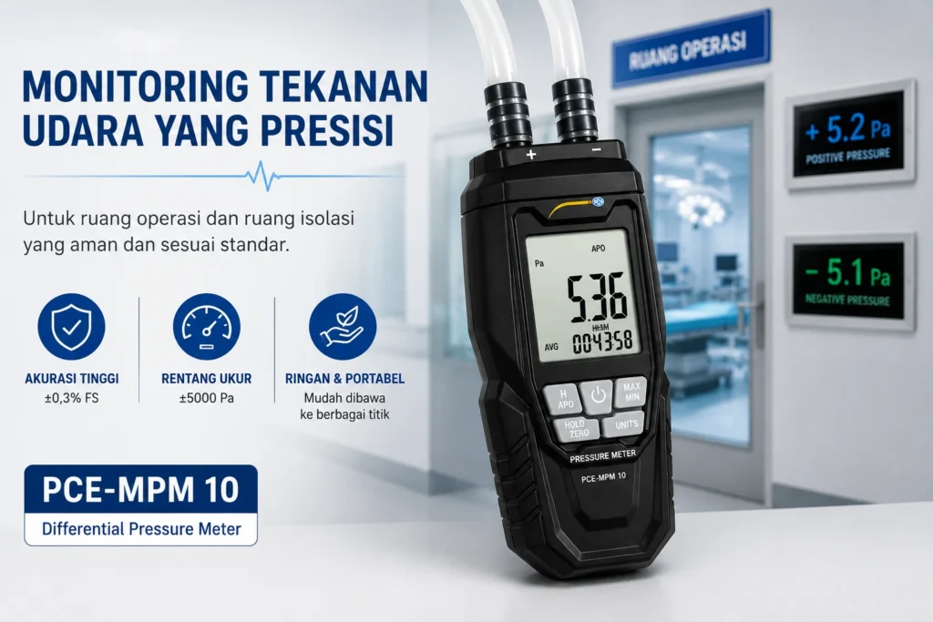 Differential Pressure Meter PCE-MPM 10 digunakan untuk mengukur tekanan diferensial HVAC di ruang operasi dan ruang isolasi rumah sakit guna memastikan tekanan udara positif dan negatif tetap sesuai standar.