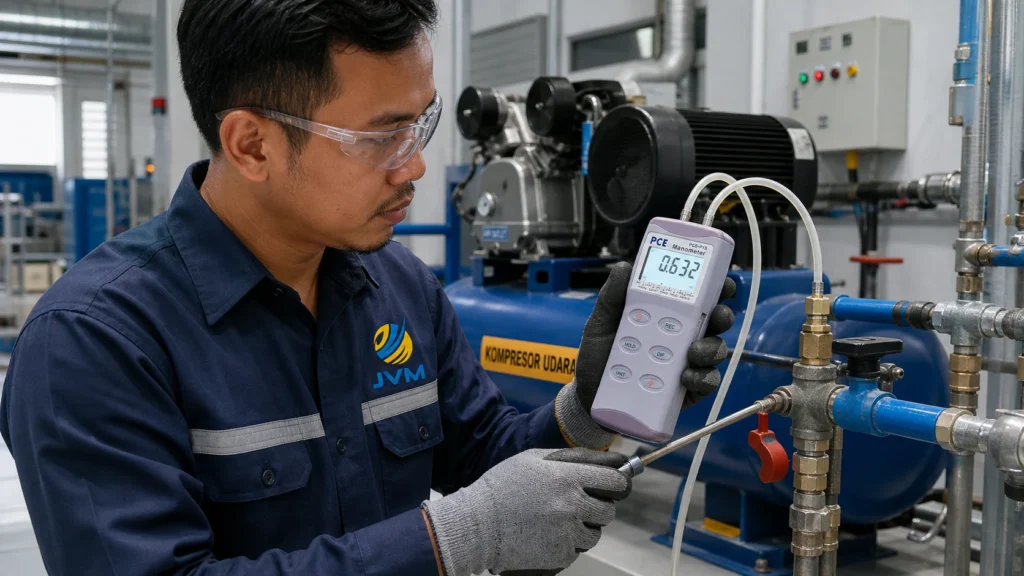 Teknisi industri Indonesia memegang Differential Pressure Manometer PCE-P15 untuk mengukur tekanan diferensial pada sistem pneumatik.