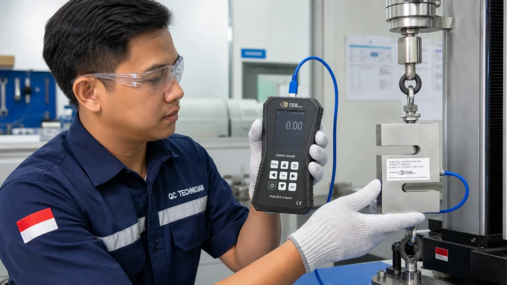 Teknisi QC Indonesia memegang Dynamometer PCE-DFG 50K X yang terhubung ke external load cell untuk pengujian gaya tarik dan tekan di laboratorium industri.