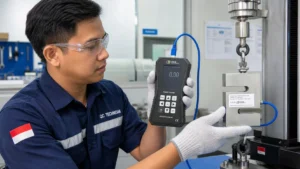 Teknisi QC Indonesia memegang Dynamometer PCE-DFG 50K X yang terhubung ke external load cell untuk pengujian gaya tarik dan tekan di laboratorium industri.