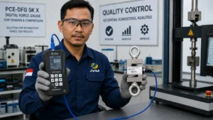 Teknisi QC Indonesia memegang Dynamometer PCE-DFG 5K X dengan external load cell untuk pengujian gaya tarik dan tekan di laboratorium quality control.