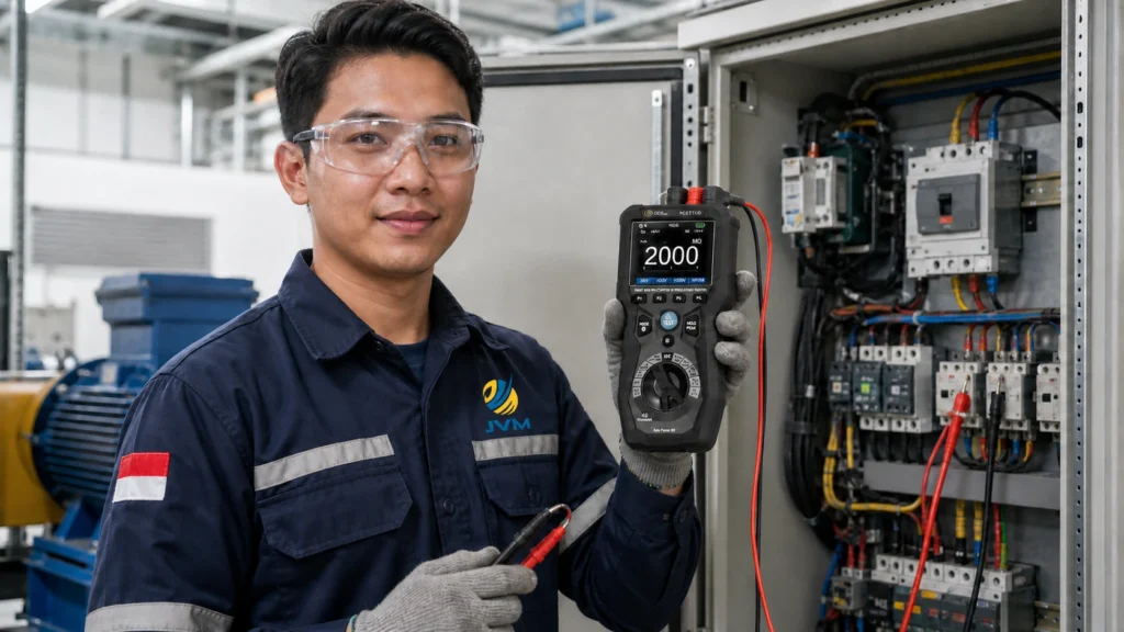 Teknisi listrik Indonesia memegang Electrical Tester PCE-IT 110 untuk menguji tahanan isolasi pada panel listrik industri.