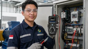 Teknisi listrik Indonesia memegang Electrical Tester PCE-IT 110 untuk menguji tahanan isolasi pada panel listrik industri.